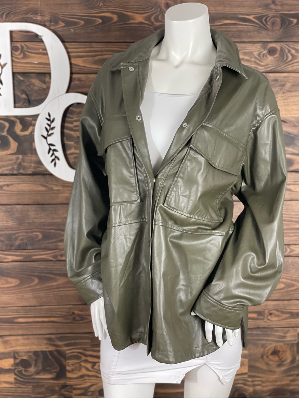 Zara Military Utility Jacket Olive Green Faux Leather Oversized Split Hem Suede